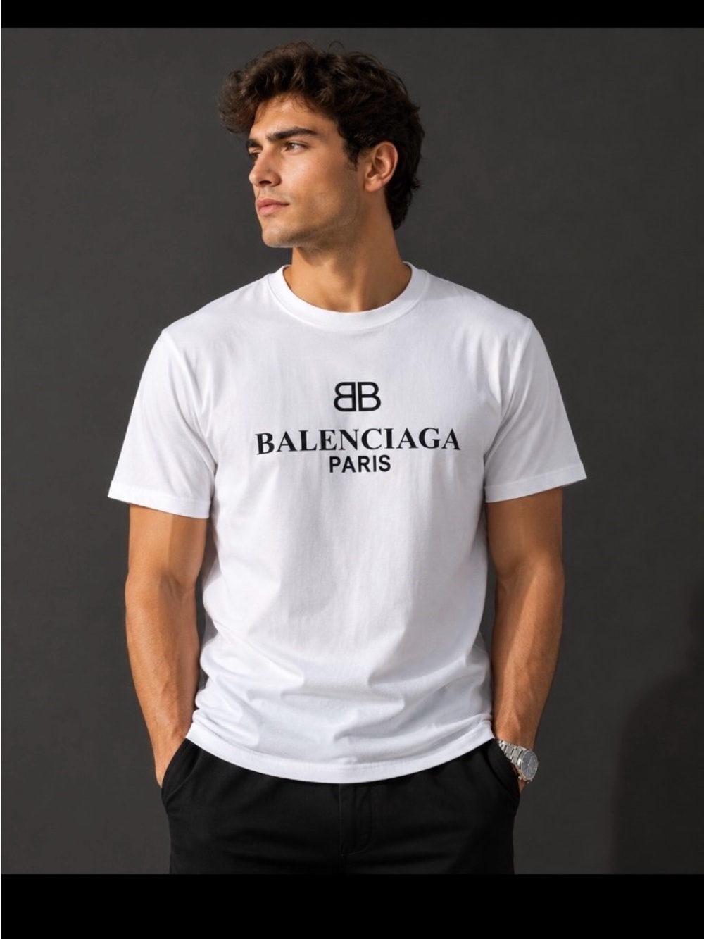 Balenciaga White Short Sleeve Logo Tee with Black Print